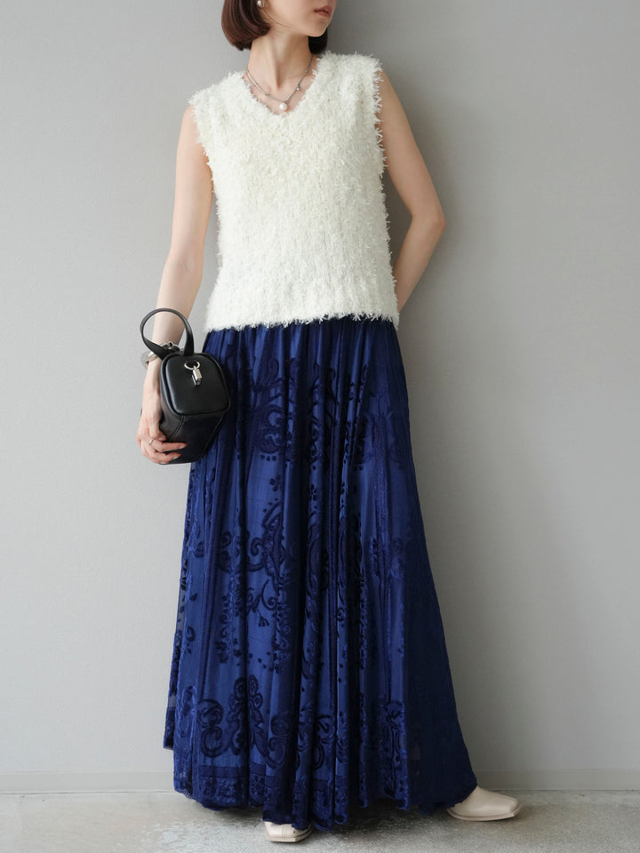 [予約]アンティーク柄フロッキーマキシスカート/ブルー