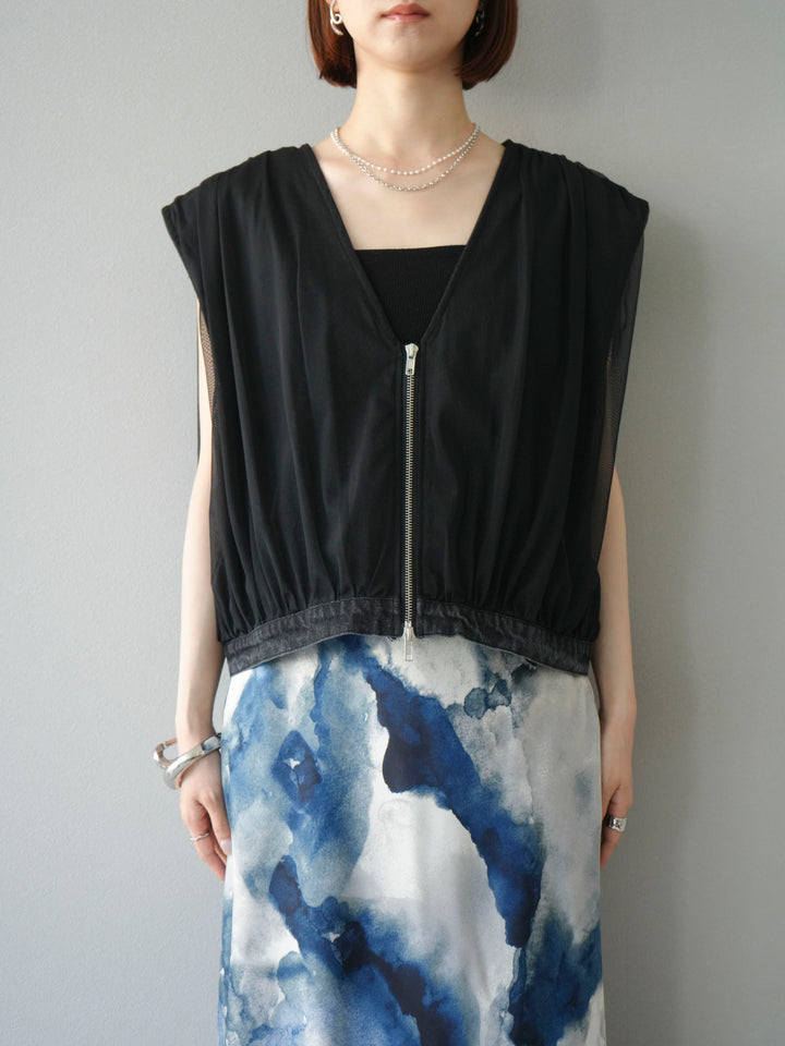 [予約]チュールドッキングデニムダブルZIPベスト/ブラック