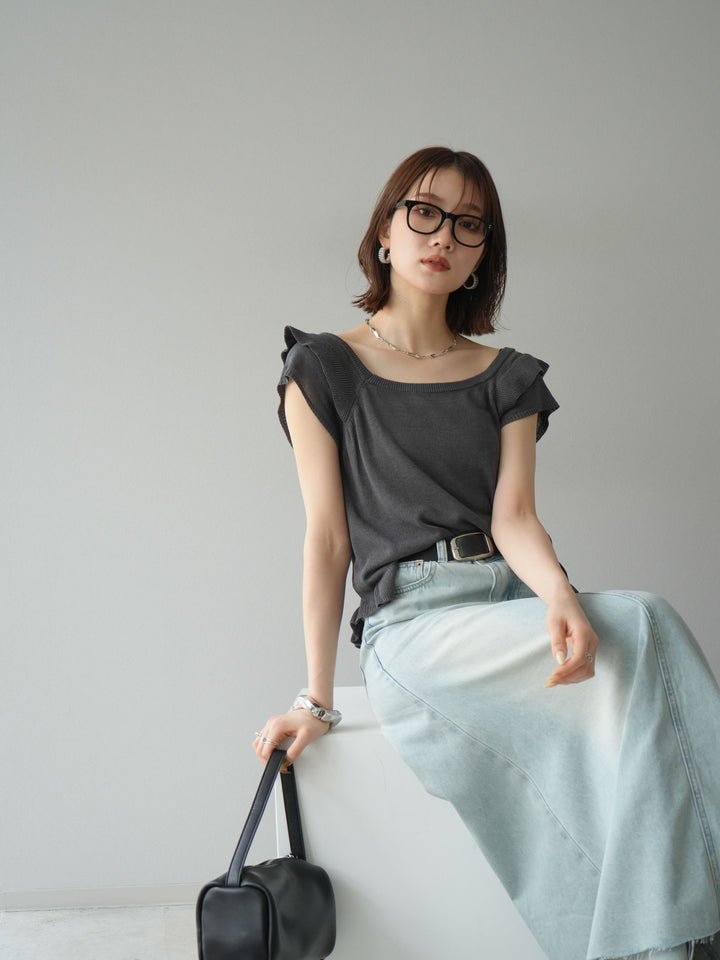 [予約]リネンタッチフリルニットタンクトップ/チャコール