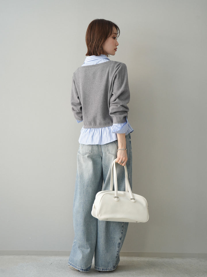 [SET]ストライプシャツUネックドッキングニットプルオーバー+ダメージデニムセミワイドパンツ(2set)