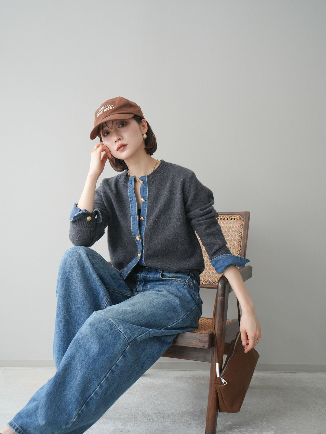 [SET]クルーネックデニムドッキングニットカーディガン+選べるアクセセット(2set)