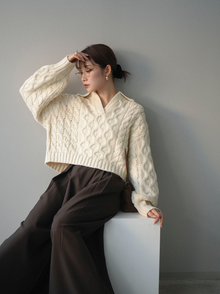 [予約]バルキーケーブルクロップド開襟プルオーバー/ivory