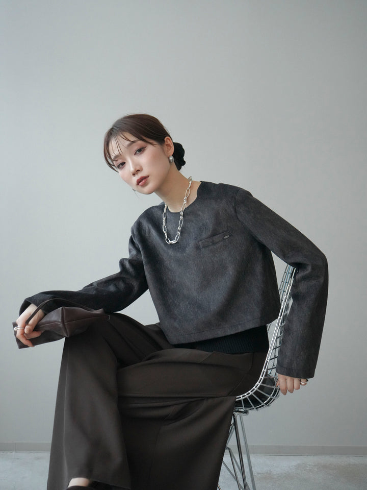 [予約]リブニットレイヤードスエードプルオーバー/charcoal