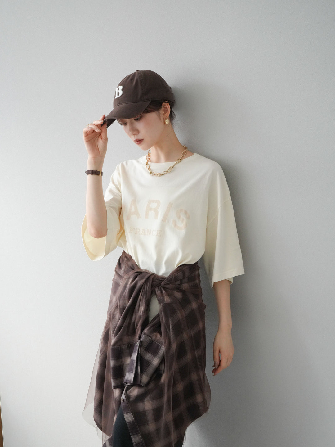 [SET]ピグメントロゴプリントTシャツ+2WAYデザインスウェットパンツ+チュールドッキングチェック柄オーバーサイズシャツ(3set)