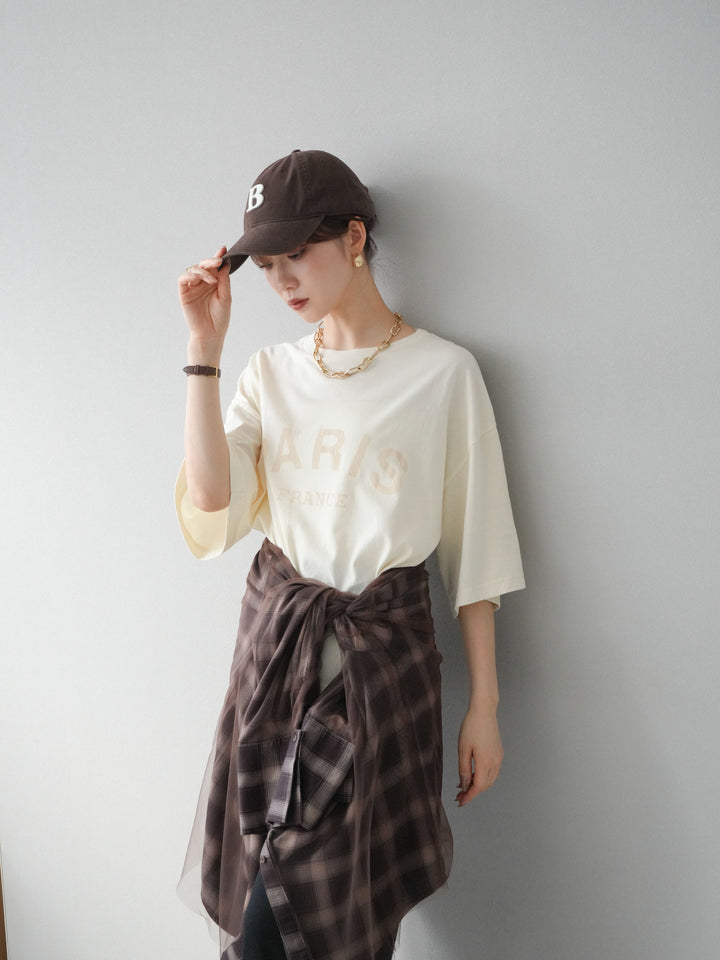 [SET]ピグメントロゴプリントTシャツ+2WAYデザインスウェットパンツ+チュールドッキングチェック柄オーバーサイズシャツ(3set)