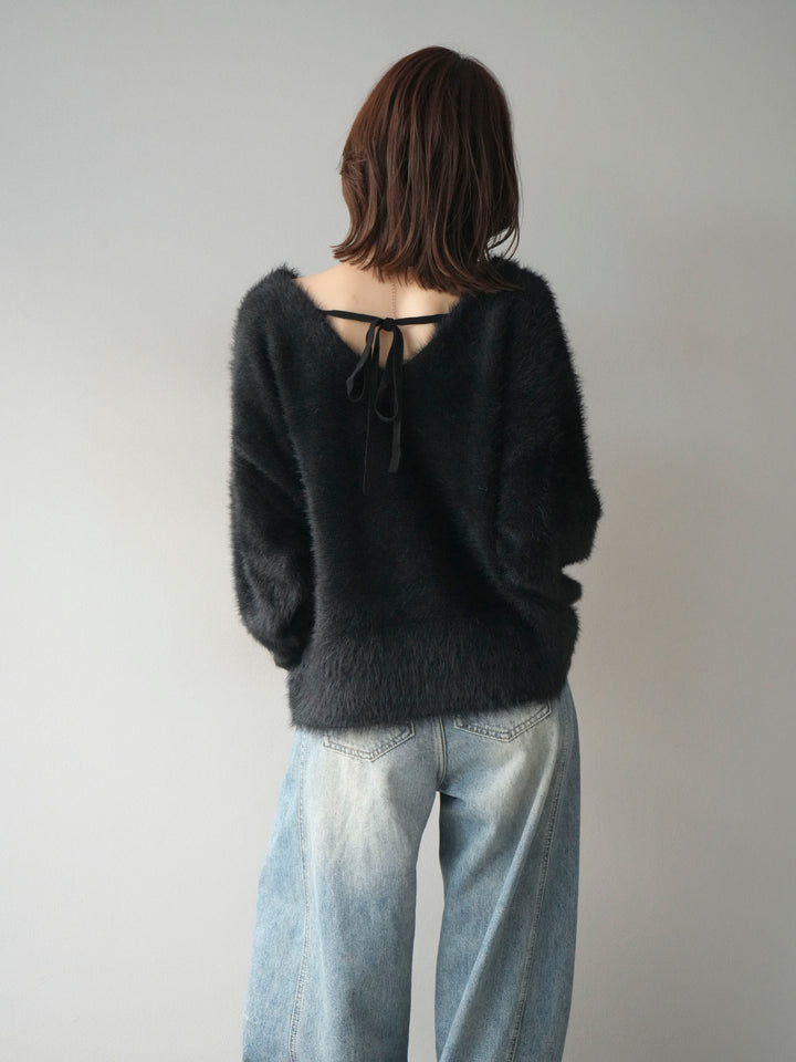 [予約]バックリボンVネックシャギーニットプルオーバー/black