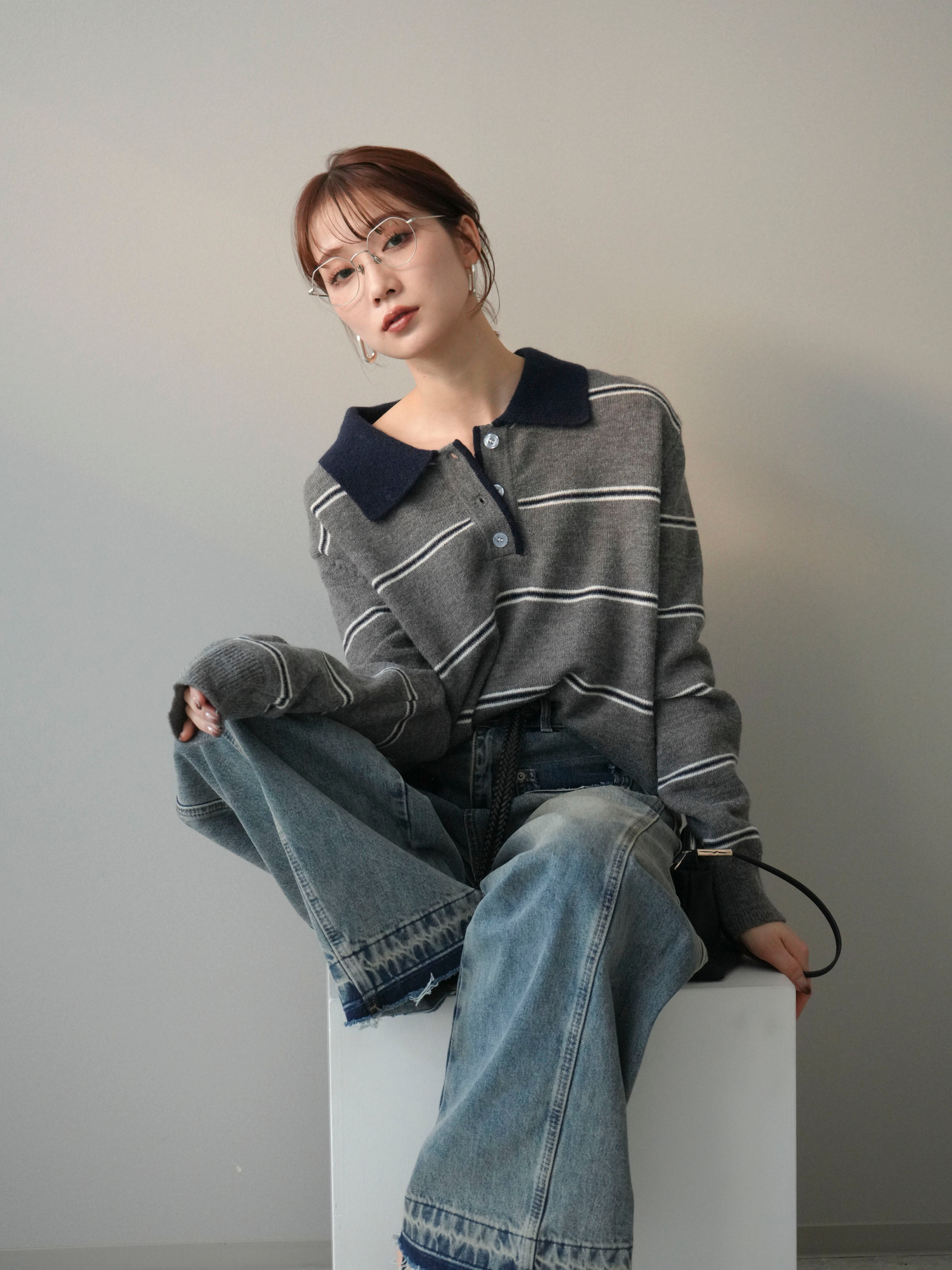 予約]バイカラーボーダーポロニットプルオーバー/gray – Lumier