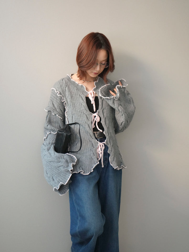 [SET]フロントリボン配色メローニットカーディガン+裏起毛裾フリンジワイドデニムパンツ(2set)