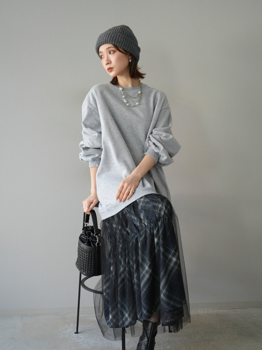 [予約]スウェットドッキングチェック柄レイヤードワンピース/グレー