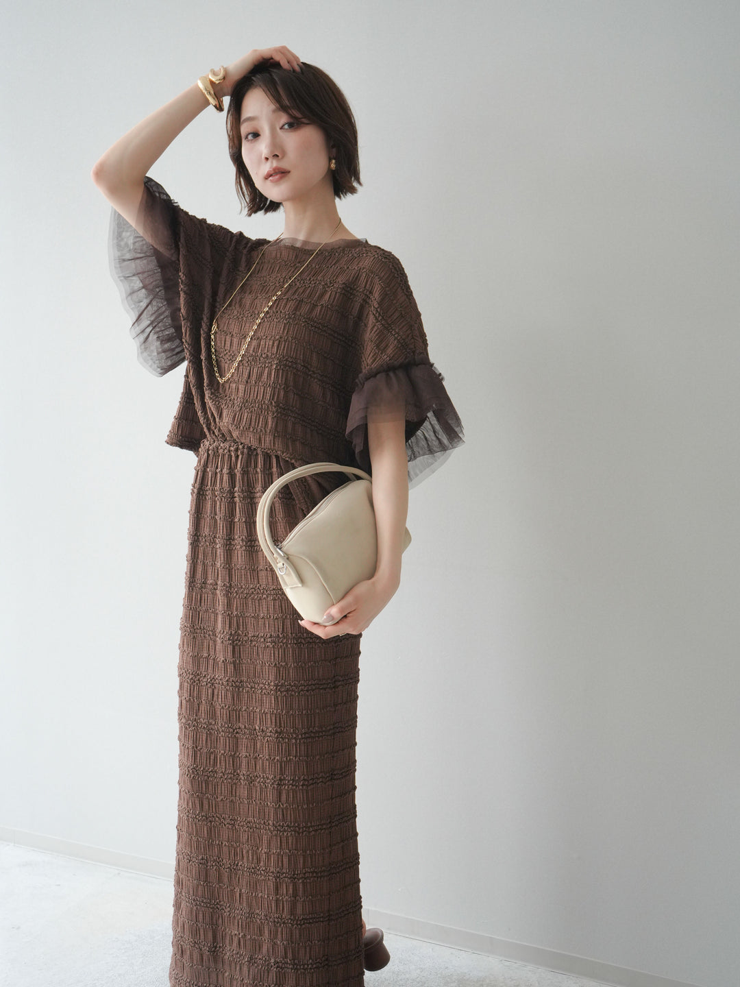 [SET]チュール袖リップルトップス+リップルIラインスカート(2set)