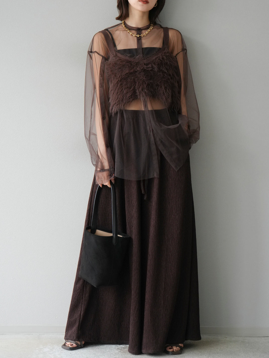 [予約]2WAYスリーブチュールシャツ/ブラウン