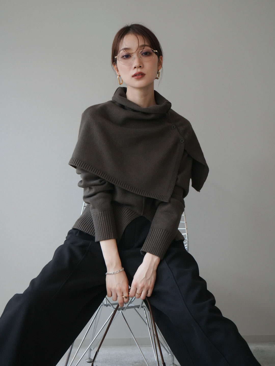 [予約]フロントスリットネックアンサンブルニット/khaki