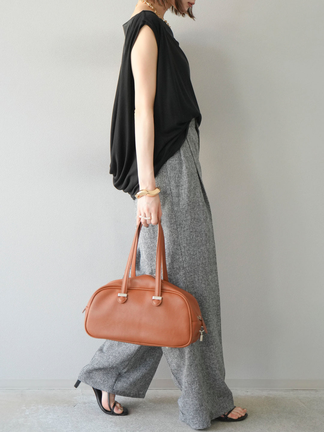 [預購] 混合粗花呢褶襉褲/黑色