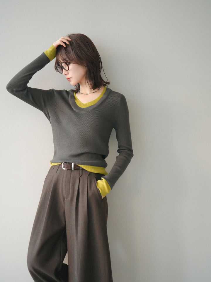 [SET]Uネック配色レイヤードリブニットトップス+選べるアクセセット(2set)