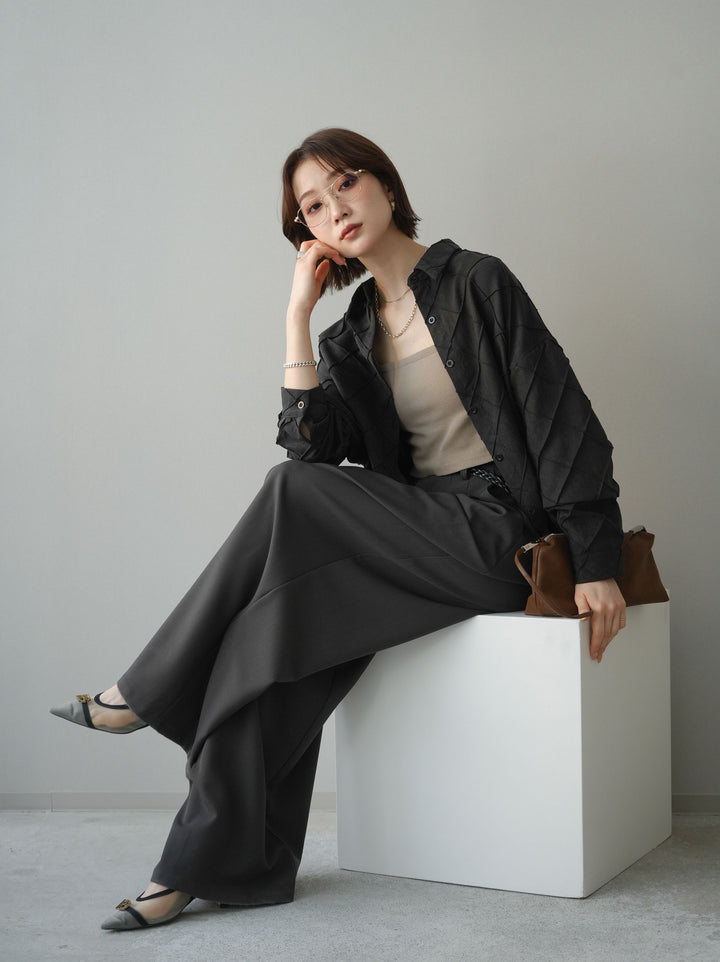 [SET]パイピングクロスデザインブラウス+編み込みベルト付タックワイドパンツ(2set)