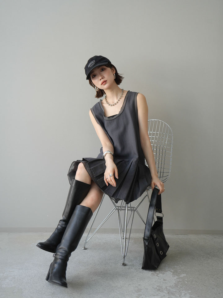 [予約]チュールドッキング裾プリーツミニワンピース/charcoal