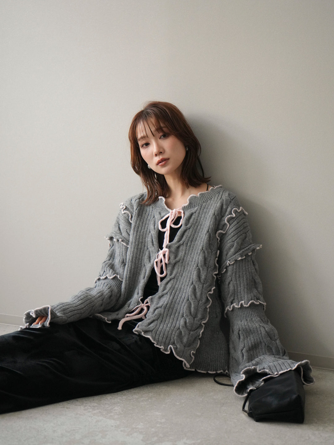 [予約]フロントリボン配色メローニットカーディガン/gray