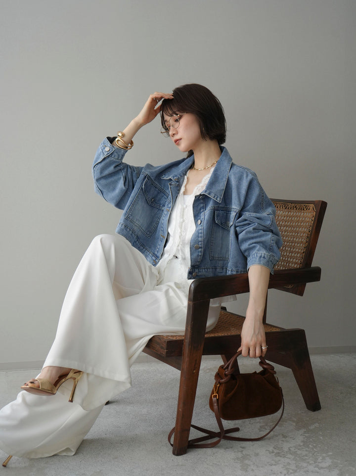 [SET]デニムショートシャツジャケット+ノースリサテンレースキャミソール+編み込みベルト付タックワイドパンツ(3set)