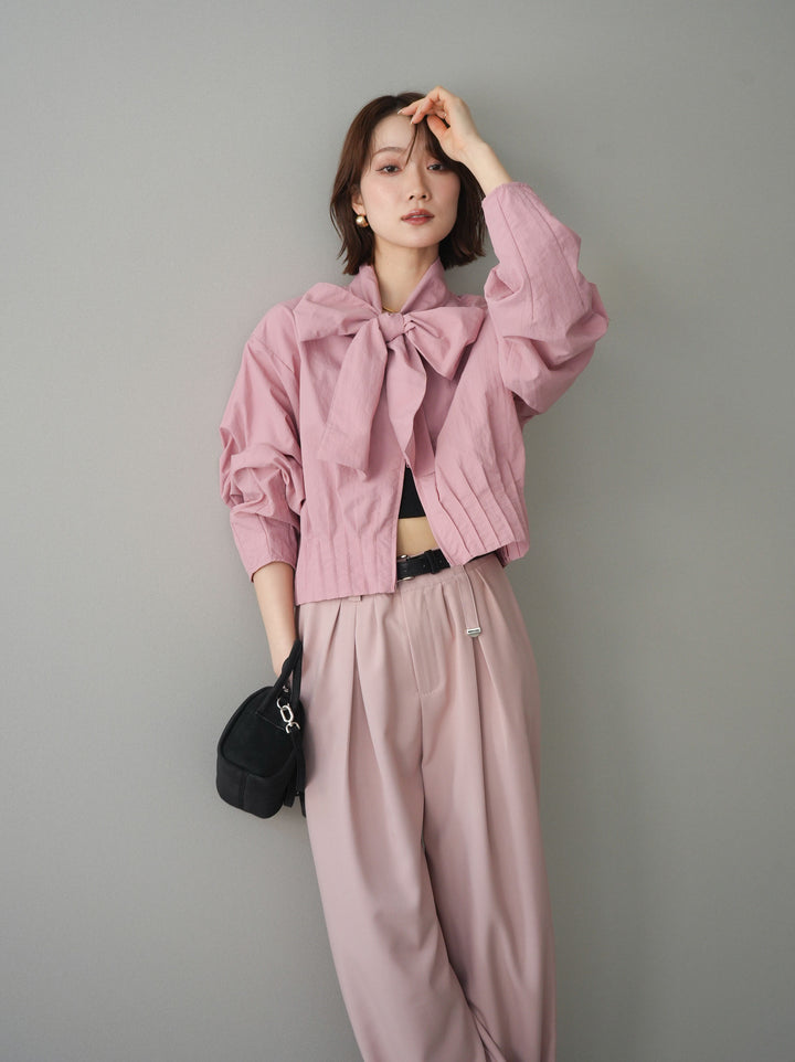 [SET]ボウタイ裾プリーツライトジャケット+ベルト付キーホルダーモチーフワイドパンツ(2set)