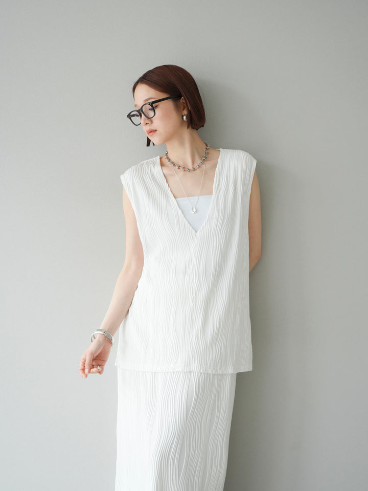 [SET]ウェーブパイピングVネックベスト+カップ付テレコリブベアキャミソール(2set)