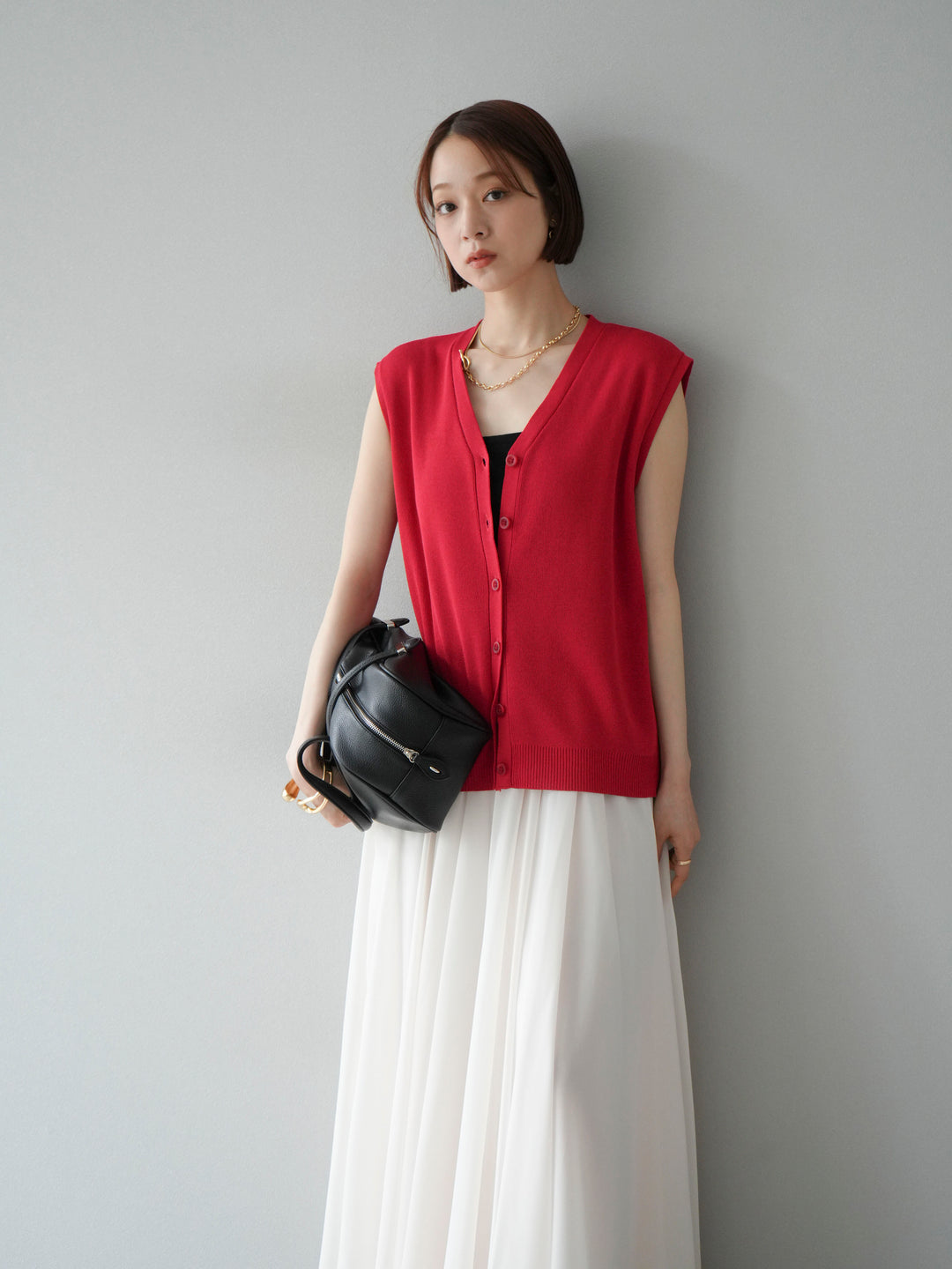 [SET] V領人造絲針織背心+雪紡喇叭裙（2件組）