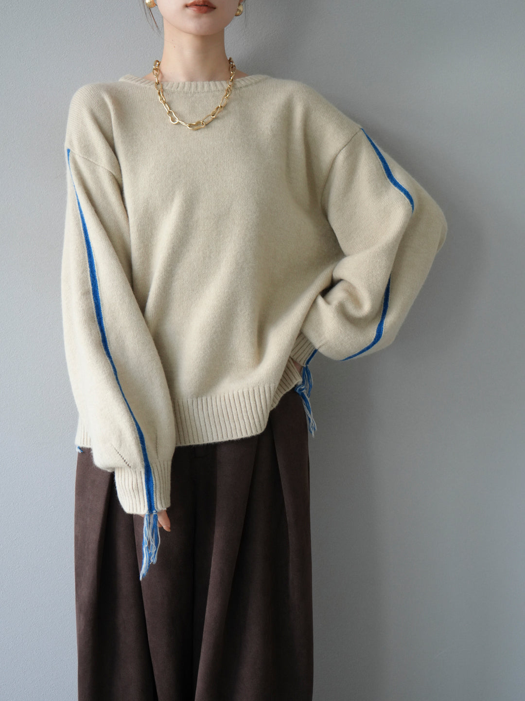 [予約]配色ステッチフリンジニットプルオーバー /アイボリー