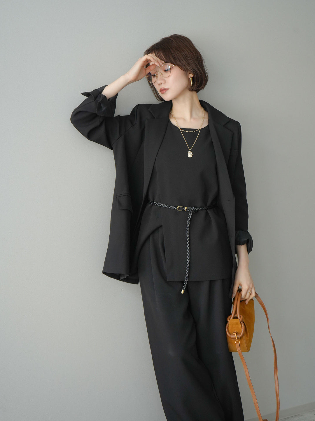 [SET]ベルト付ノースリーブトップス＆ワイドパンツSETUP