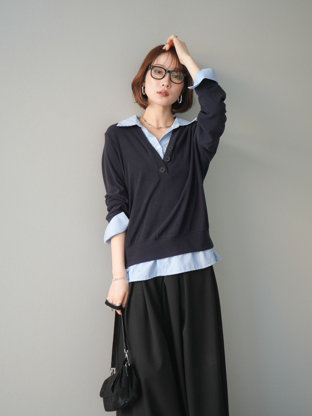 [予約]シャツレイヤードデザインカットプルオーバー/navy