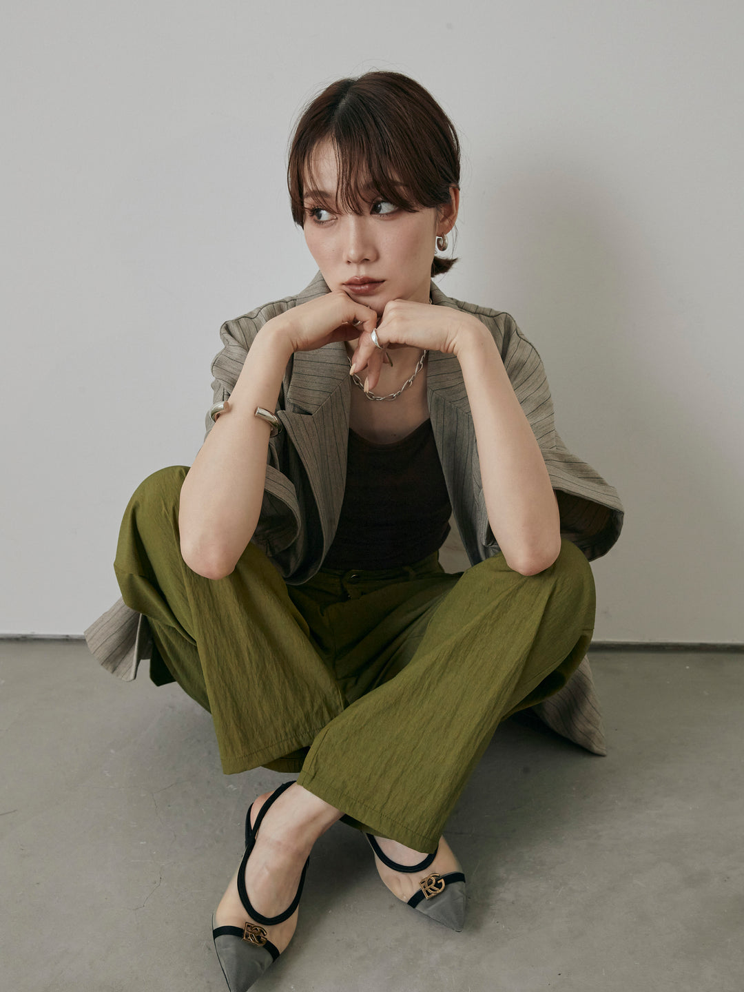 [予約]バックオーガンジーヘリンボーンストライプハーフジャケット/グレージュ