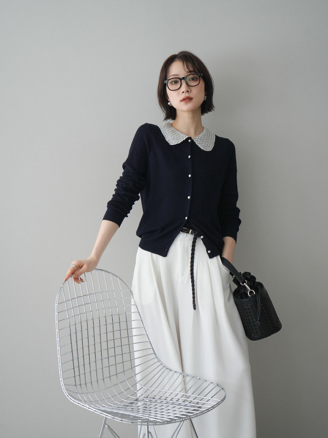 [SET]ビジュー襟パールボタンニットカーディガン+編み込みベルト付タックワイドパンツ(2set)