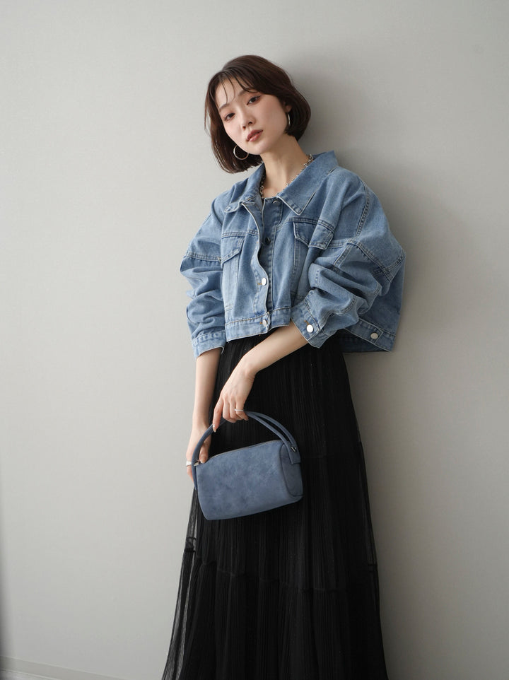 [SET]デニムショートシャツジャケット+ラメプリーツレイヤードチュールロングスカート(2set)