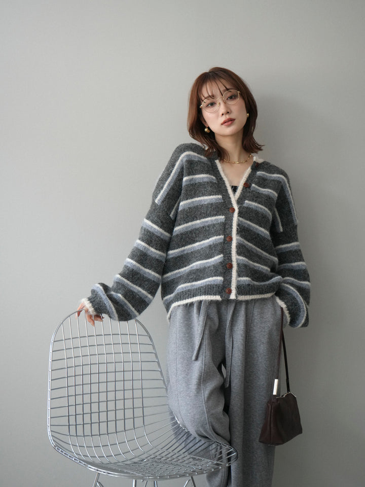 [予約]ウールタッチ配色ボーダーニットカーディガン/gray