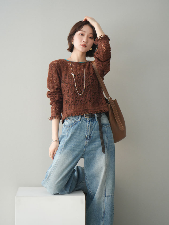[予約]扇透かし編みクロップドニットプルオーバー/brown
