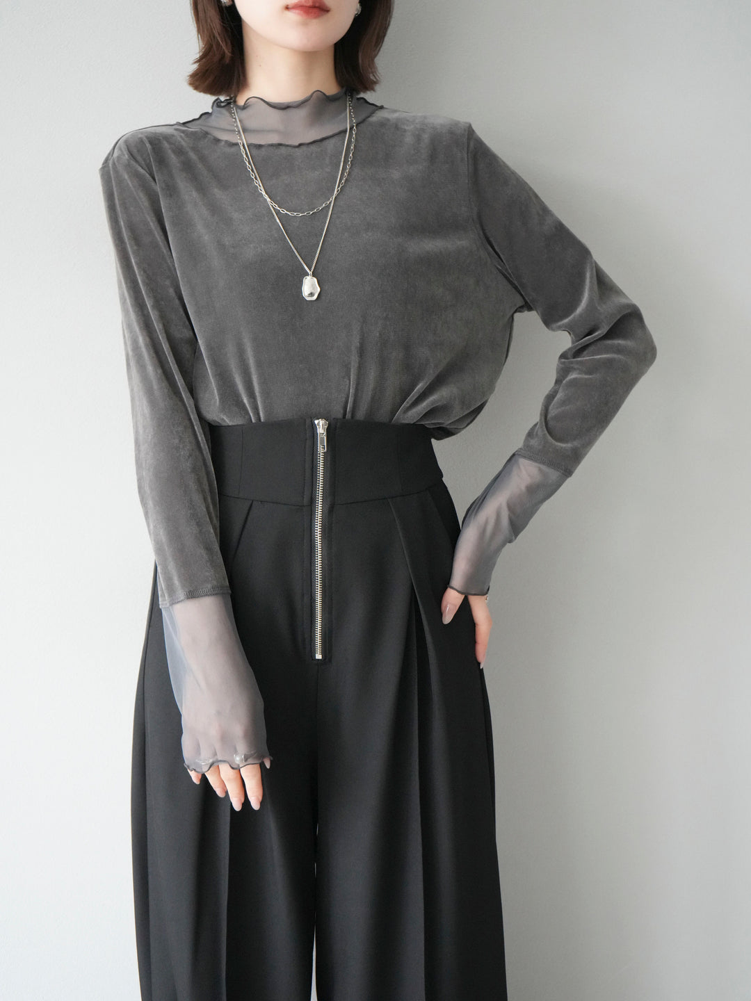 [予約]シアー切替ベロアトップス/チャコール