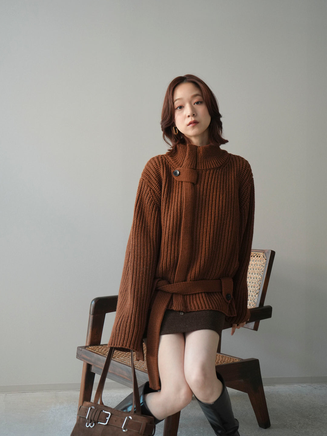 [予約]畦編みボトルネックZIPニットカーディガン/brown