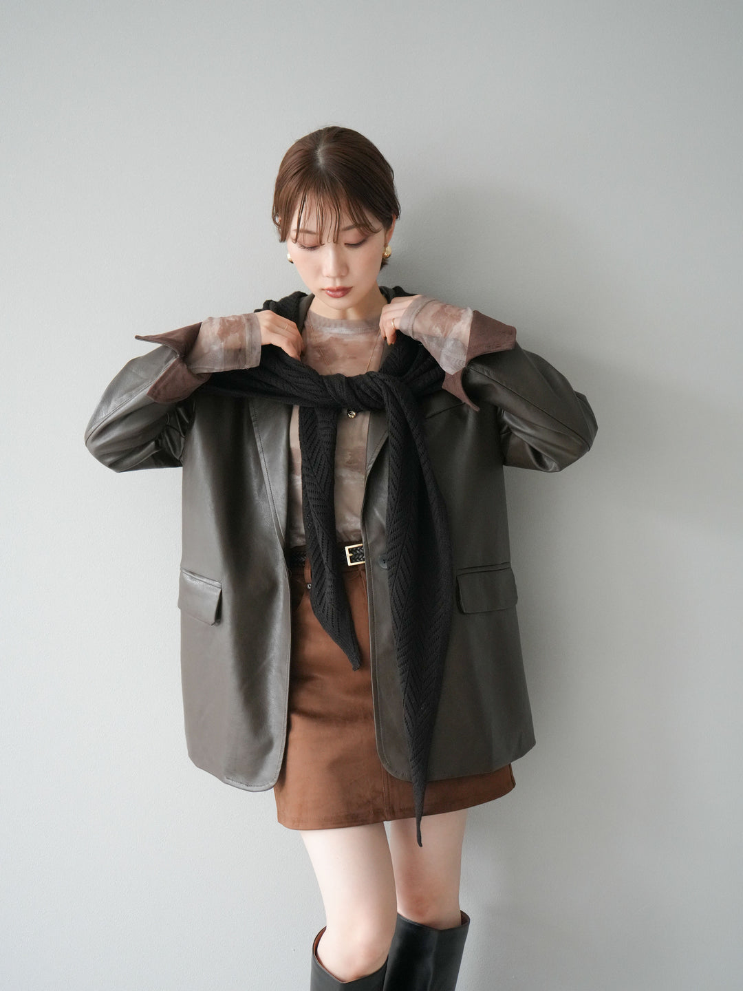 [予約]フェイクレザーテーラードジャケット/ブラウン