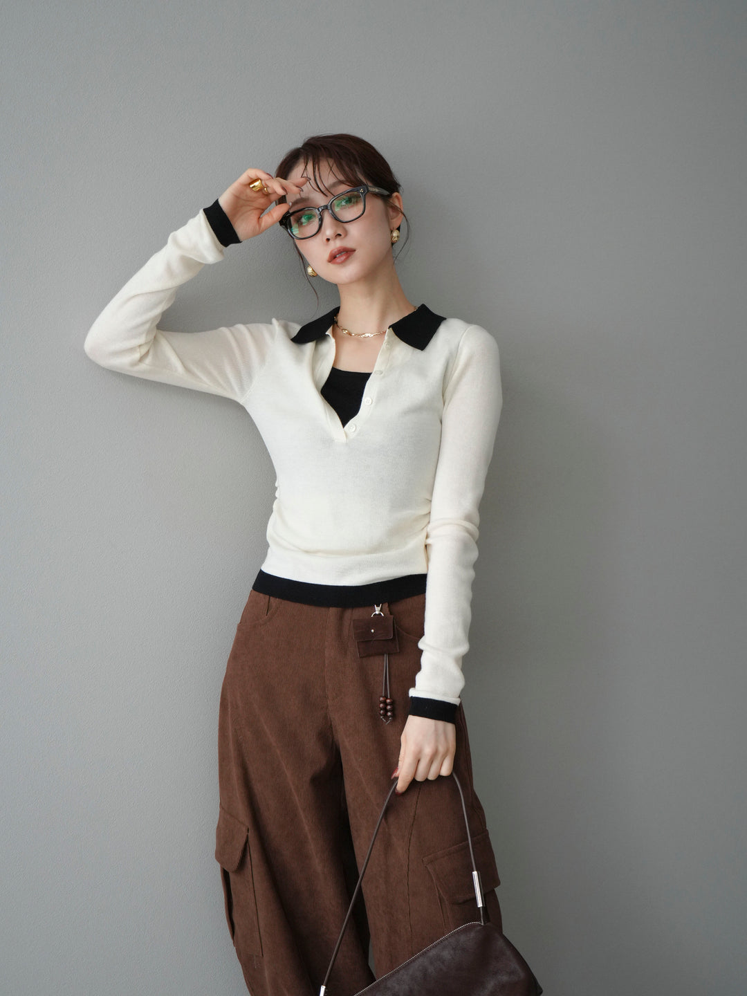 [予約]レイヤード配色ポロニットトップス/beige