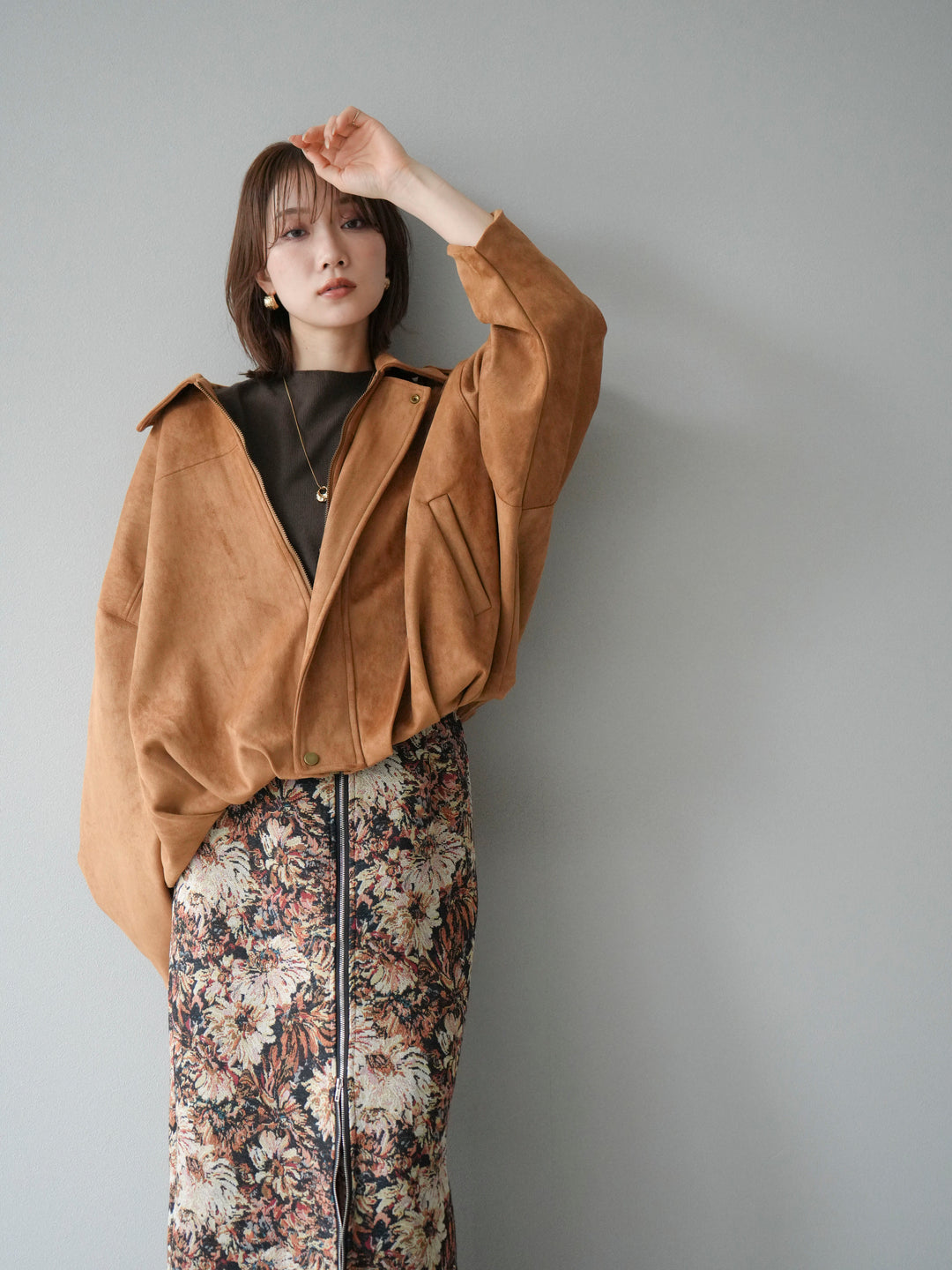 [SET]スウェードオーバーブルゾン+ゴブランフロントジップタイトスカート(2set)