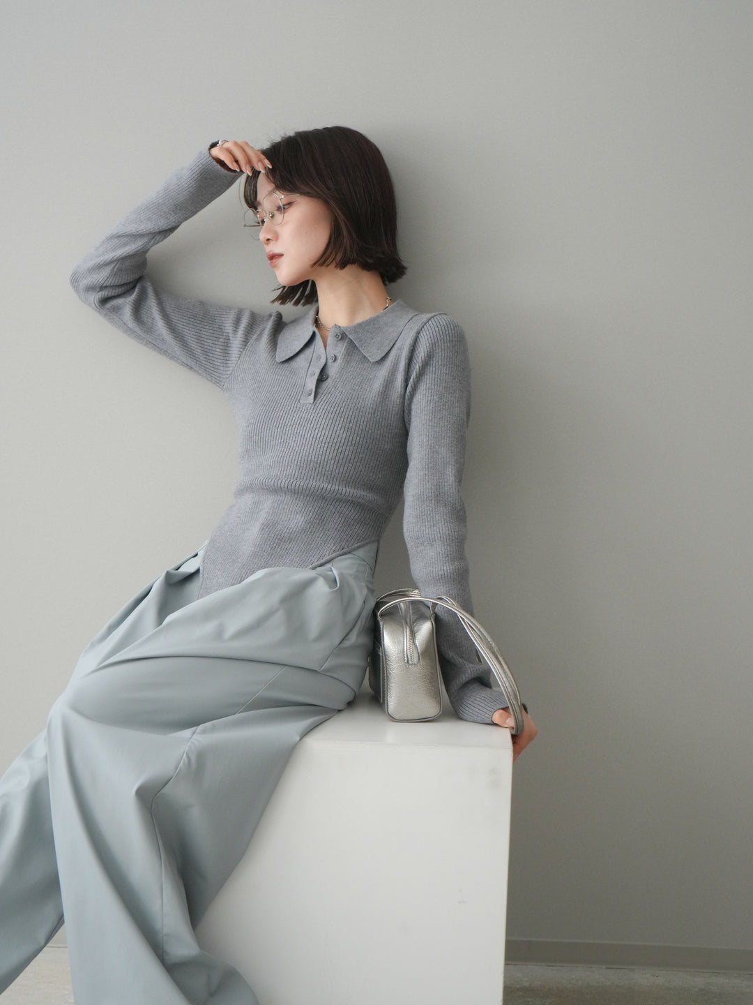 [予約]リブポロニットボディスーツ/mokugray