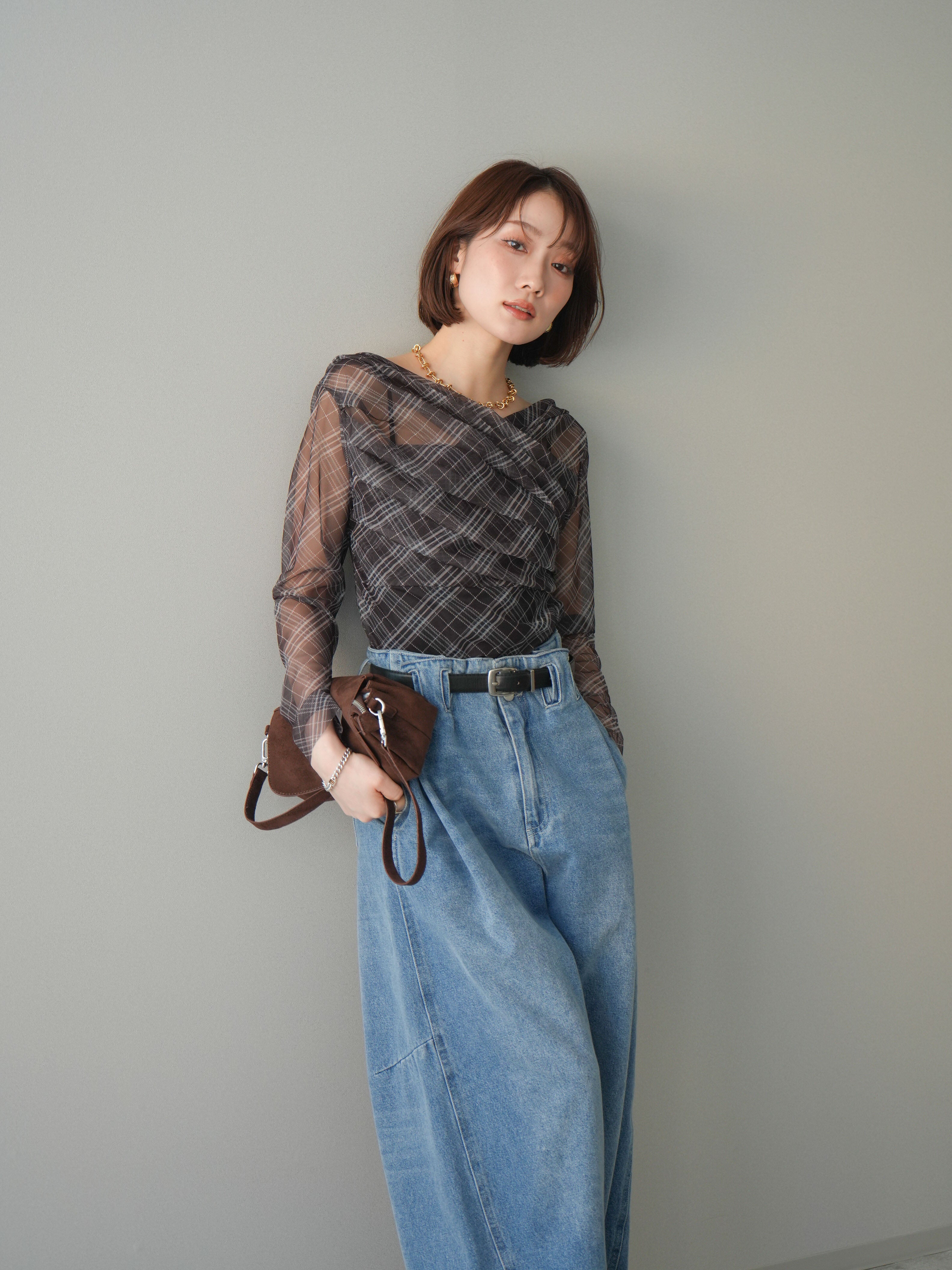 予約]チュールバイアスチェックプリントタックネックトップス/brown
