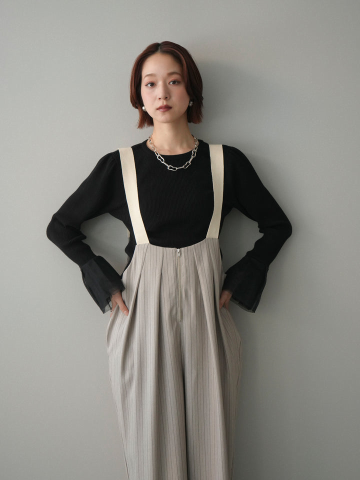 [SET]袖チュールパワショルリブニットトップス+グログランテープストライプサロペット(2set)