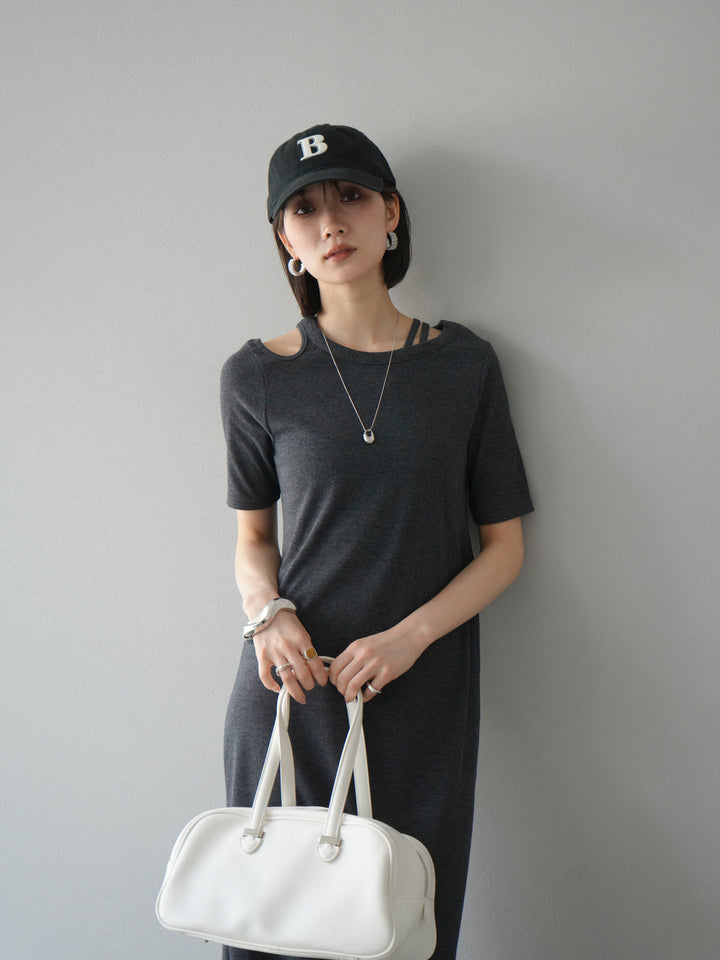 [予約]デザインネックカットリブワンピース/チャコール