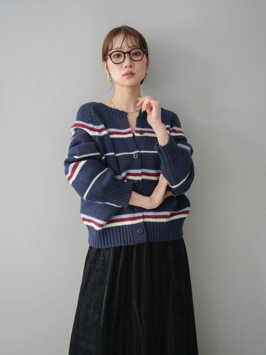 [予約]ランダムボーダーニットカーディガン/navy