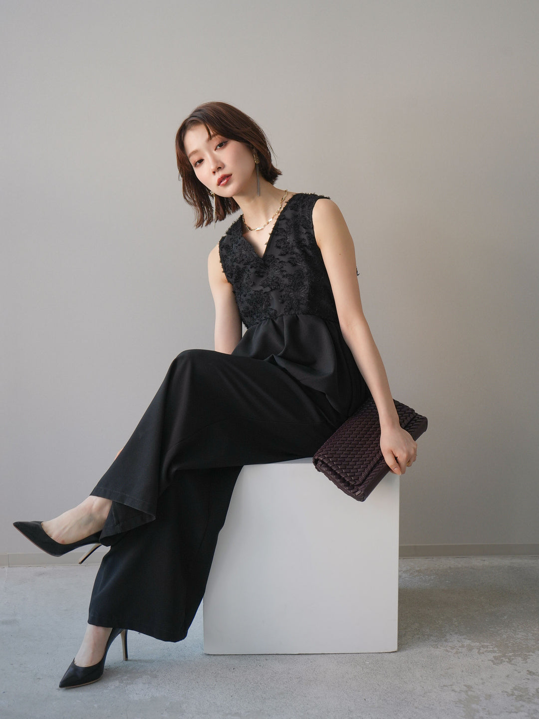 [SET]ジャガードレースぺプラムドッキングサロペット+選べるアクセセット(2set)