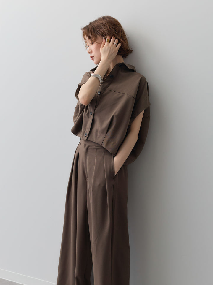 【套裝】縐綢燈籠無袖襯衫 + 縐綢闊腿褲（兩件套）