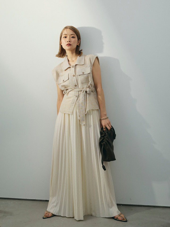 [SET]ミックスヤーンメッシュブラウス+ラインストーンプリーツスカート(2set)