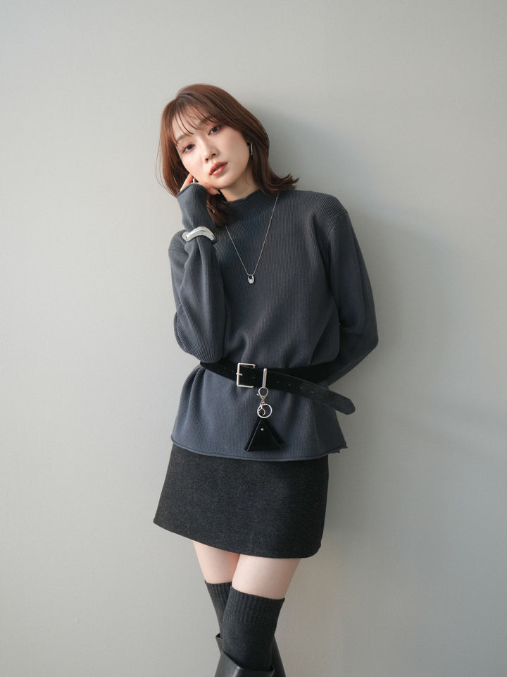 [予約]ボトルネック裾カールリブニットトップス/charcoal