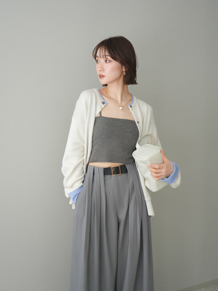 [SET]バイカラーオーバーニットカーディガン+タックベルトループワイドパンツ(2set)