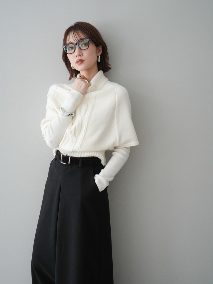 [予約]ケーブル編みタートルハーフスリーブニットアンサンブル/ivory