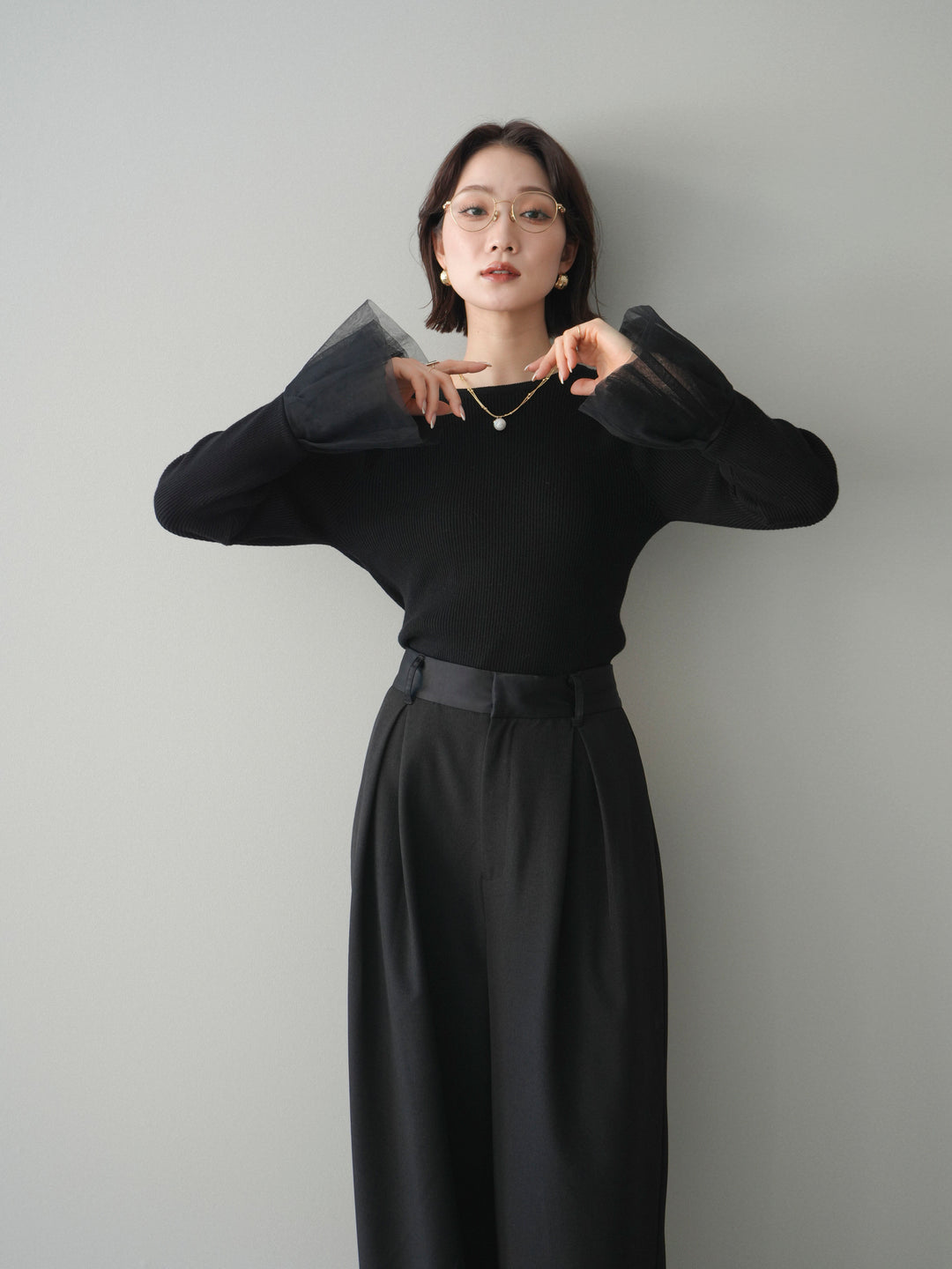 [SET]袖チュールパワショルリブニットトップス+選べるアクセセット(2set)